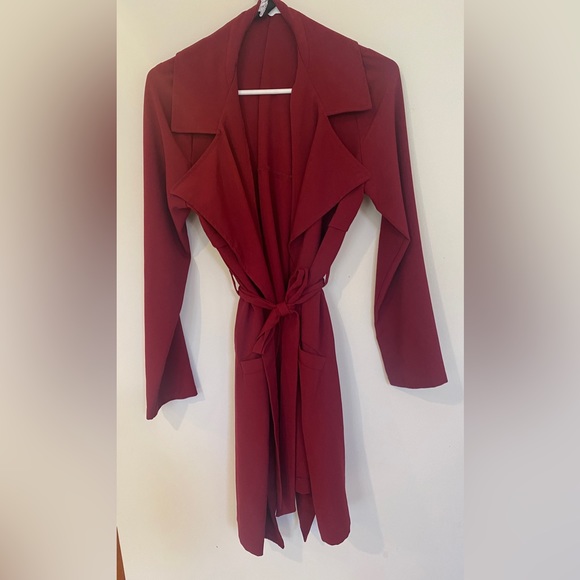 Active USA Sweaters - Active USA, Red, Belted Duster Jacket, Cardigan, Size L, Lapel Collar, Pockets